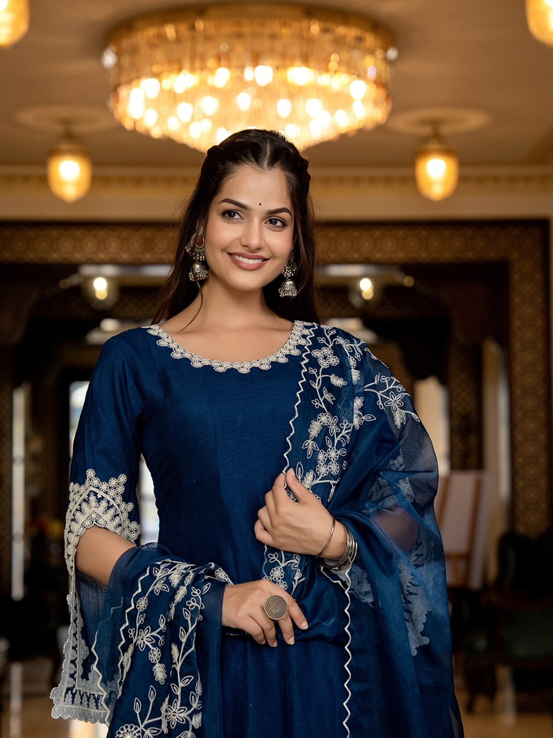 Designer Silk Blend Solid Embroidered Anarkali Suit Set