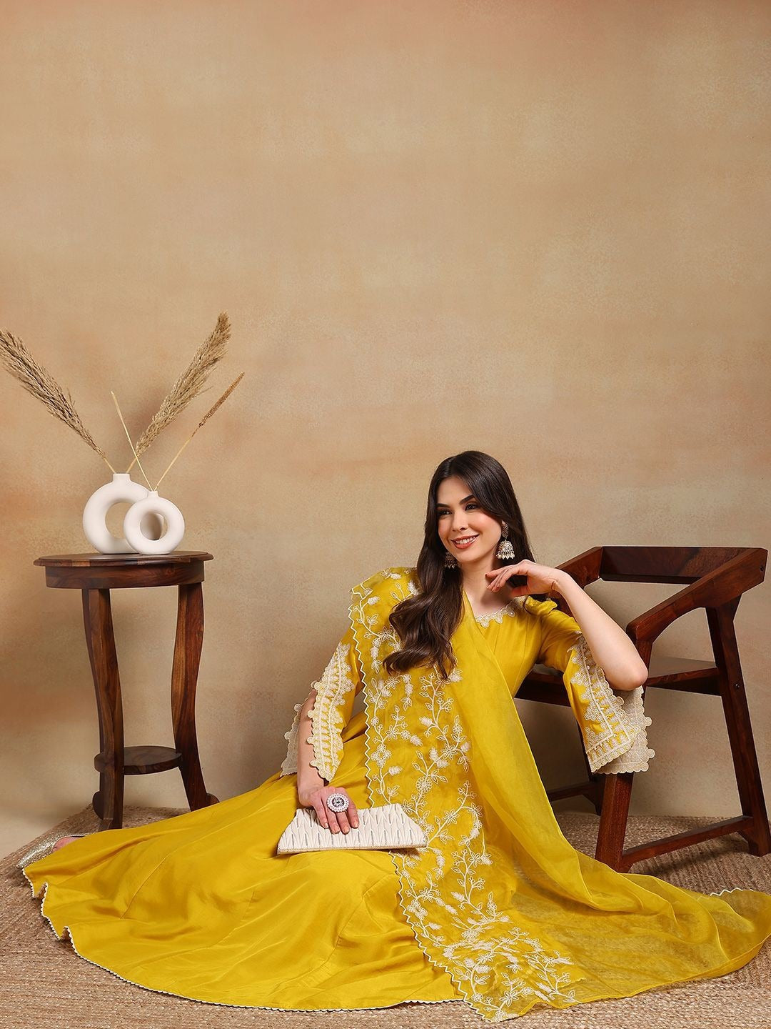 Designer Silk Blend Solid Embroidered Anarkali Suit Set