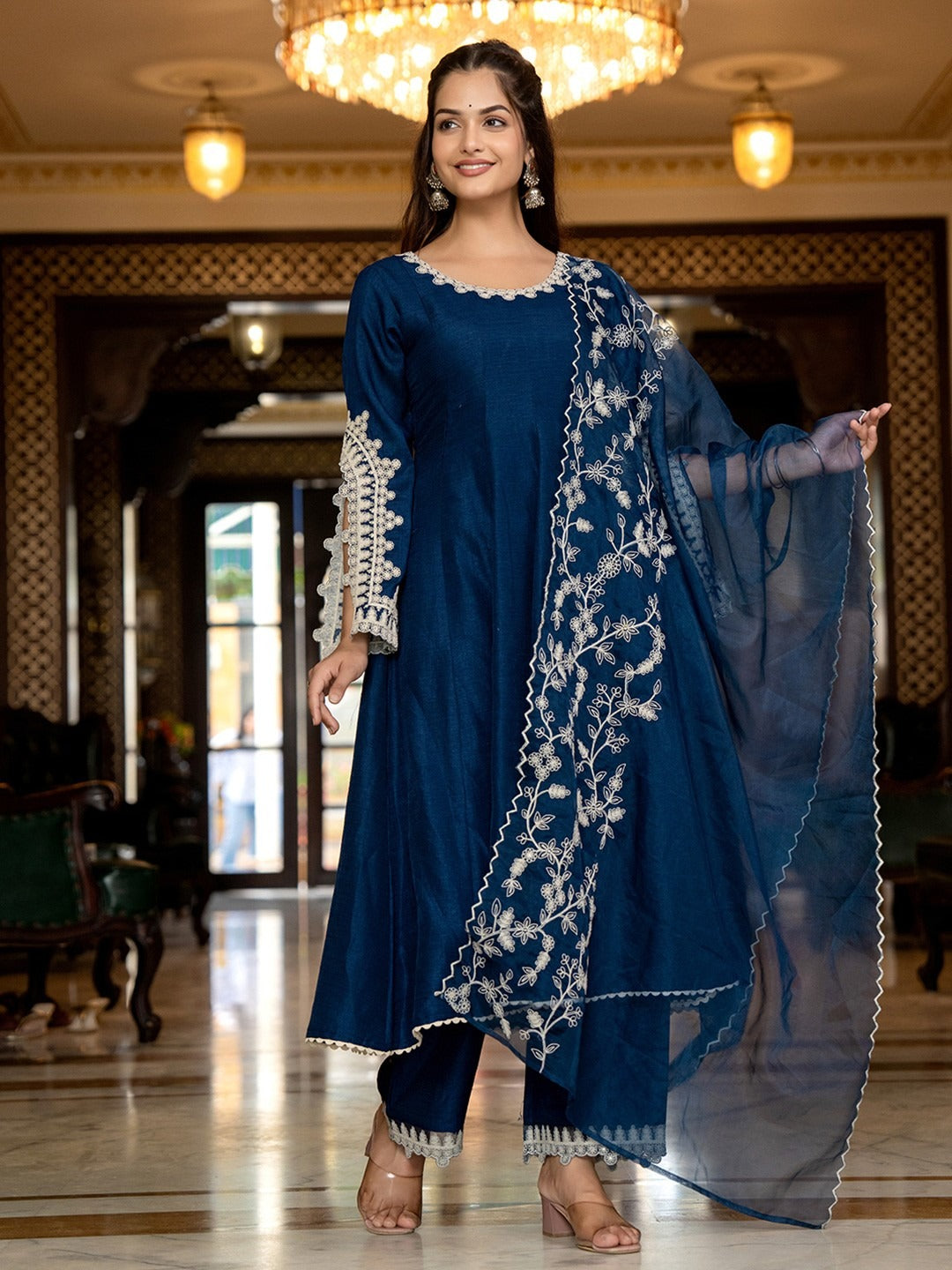 Designer Silk Blend Solid Embroidered Anarkali Suit Set