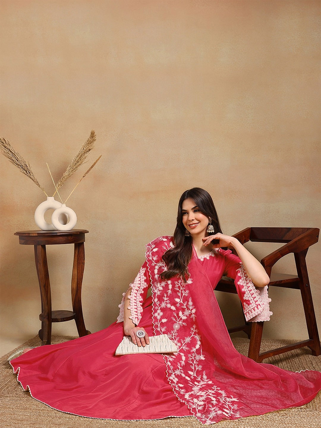 Designer Silk Blend Solid Embroidered Anarkali Suit Set
