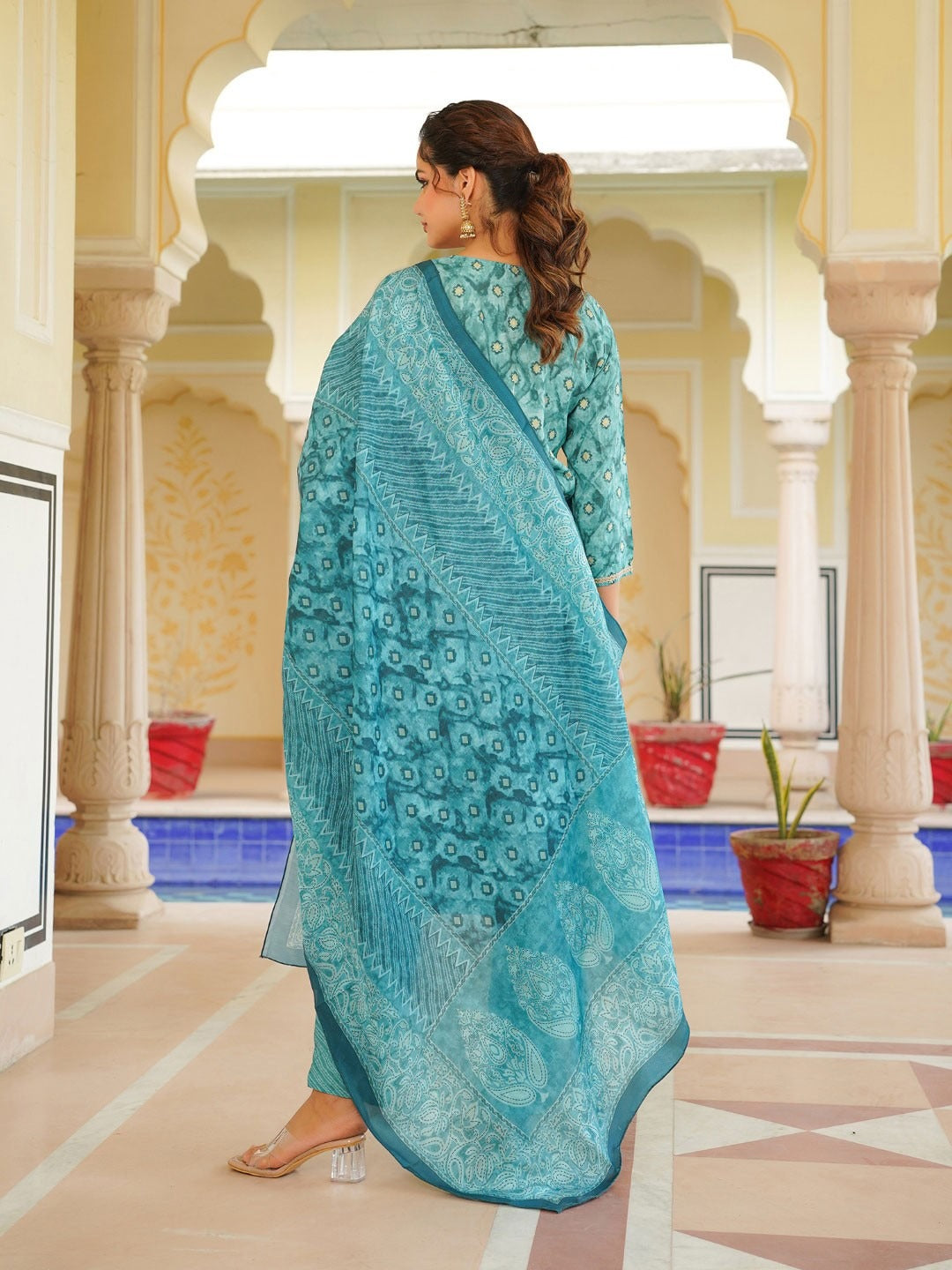 Sea Green Silk Blend Ombre Straight Kurta Trousers With Dupatta