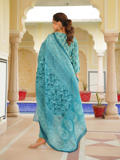 Sea Green Silk Blend Ombre Straight Kurta Trousers With Dupatta
