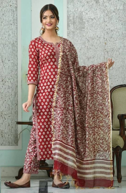 Women's  Rayon Blend Printed Kurta with Pants & Dupatta- 3pc set, TK084