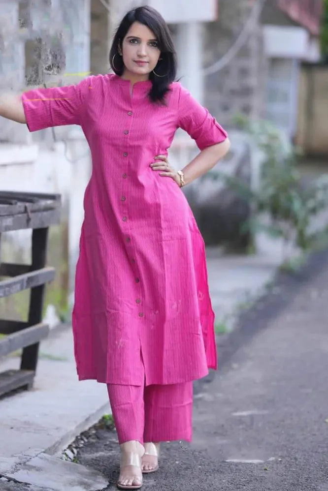 Pink Kaatha work Cotton Long Co-ord set with Shirt collar, 2pc