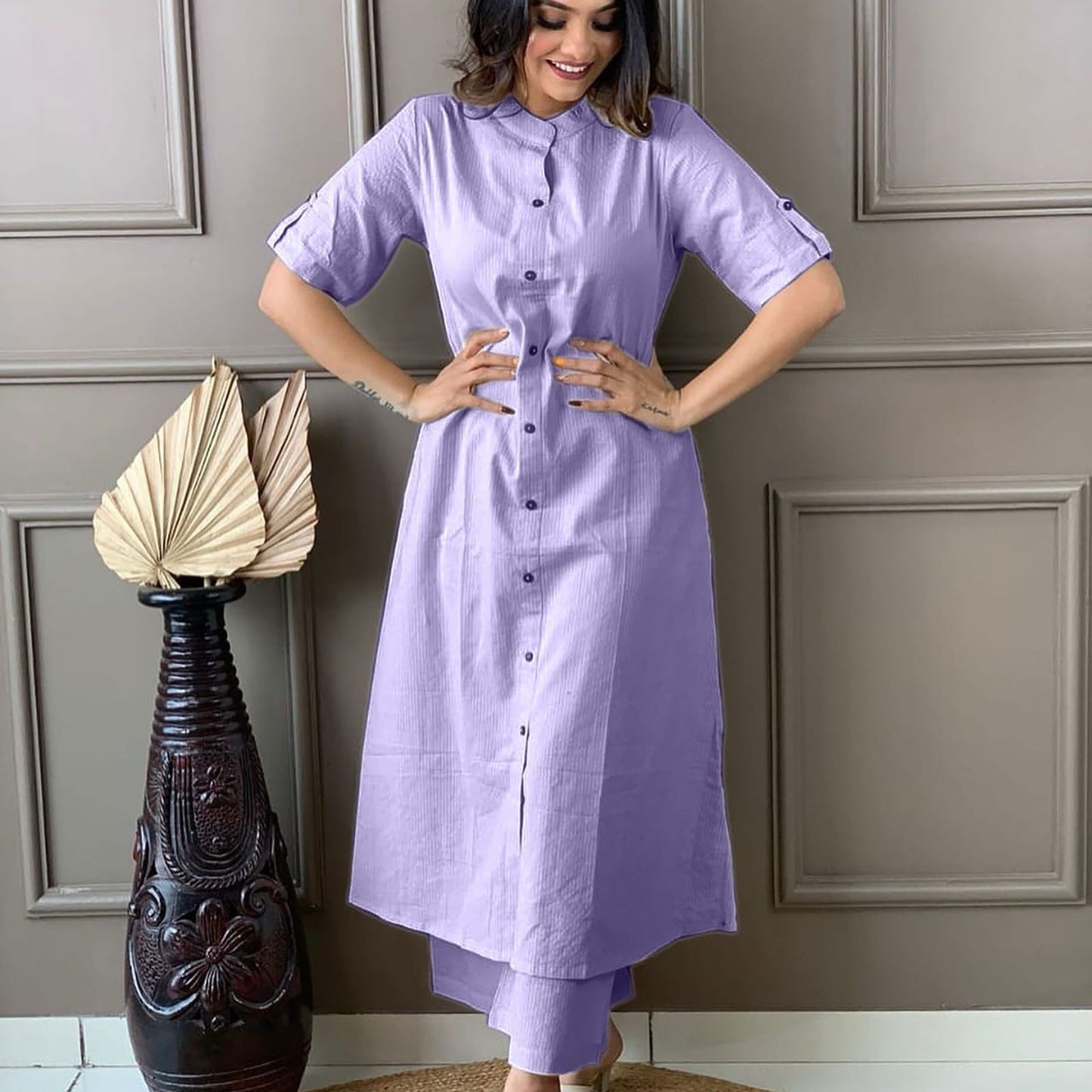 Lilac Kaatha work Cotton Long Co-ord set with Shirt collar, 2pc