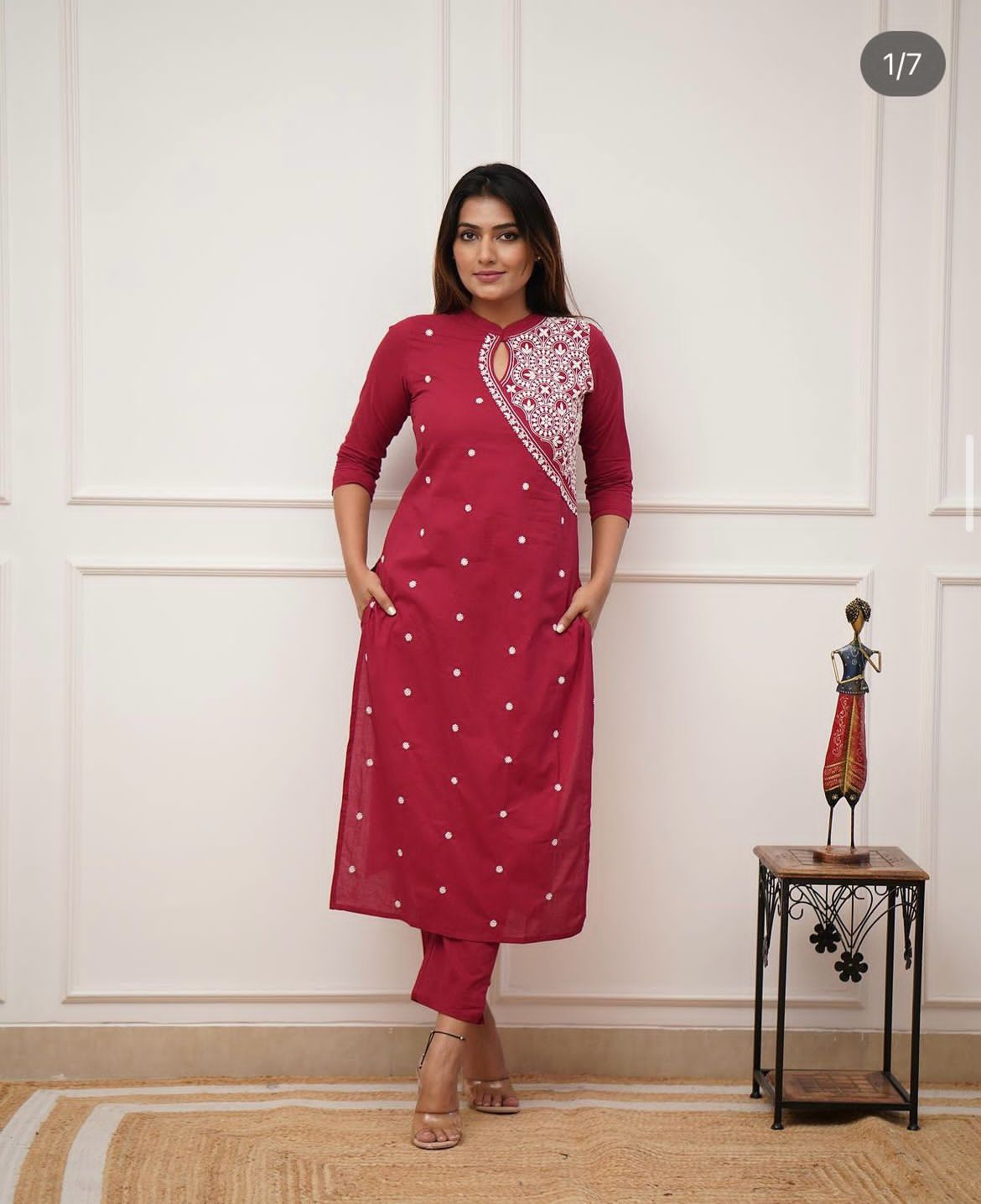 Maroon Embroidered Cotton Co-ord set, 2pc