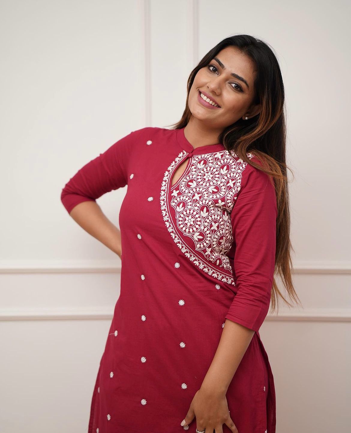 Maroon Embroidered Cotton Co-ord set, 2pc