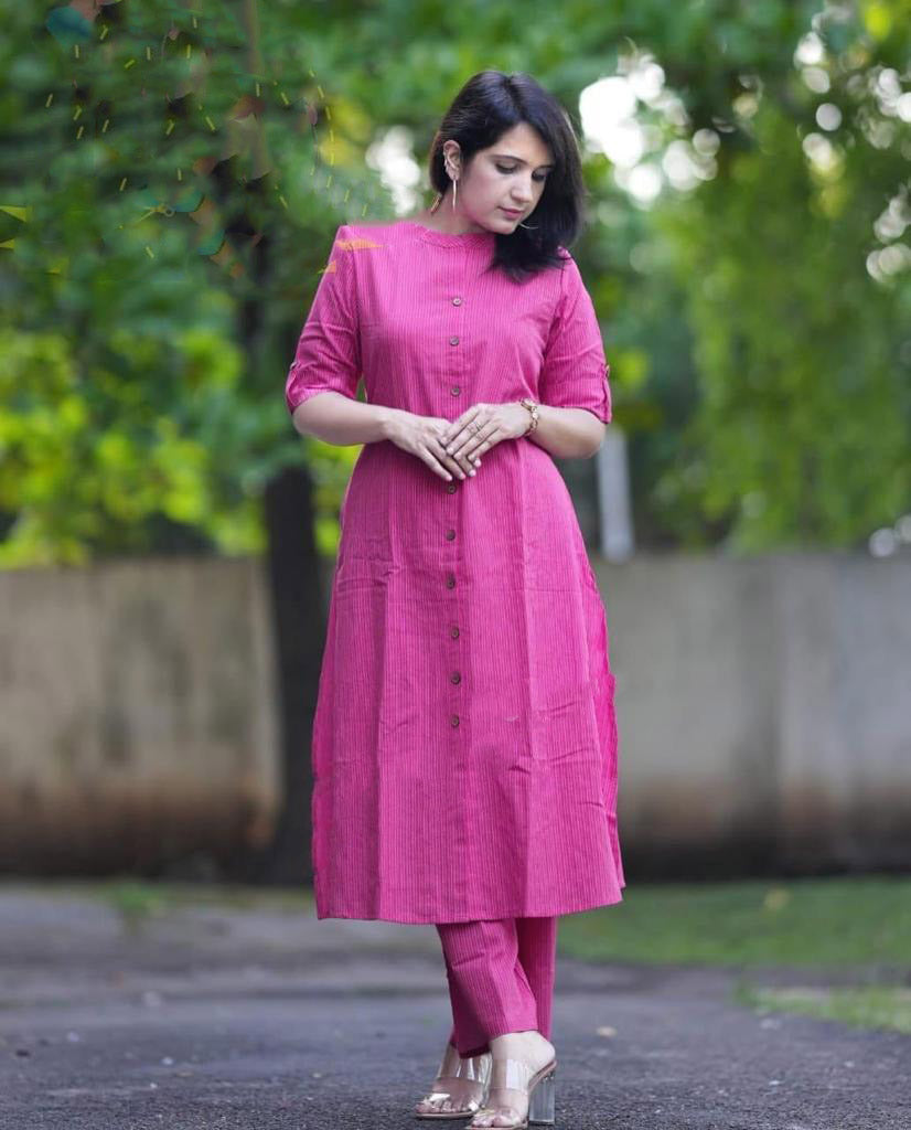 Pink Kaatha work Cotton Long Co-ord set with Shirt collar, 2pc