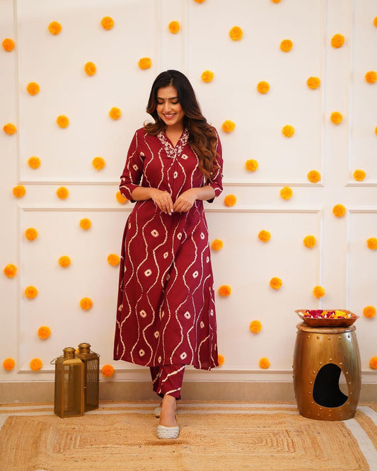 Maroon Heavy Rayon Co-ord set with Hand Adda work on yoke, 2pc