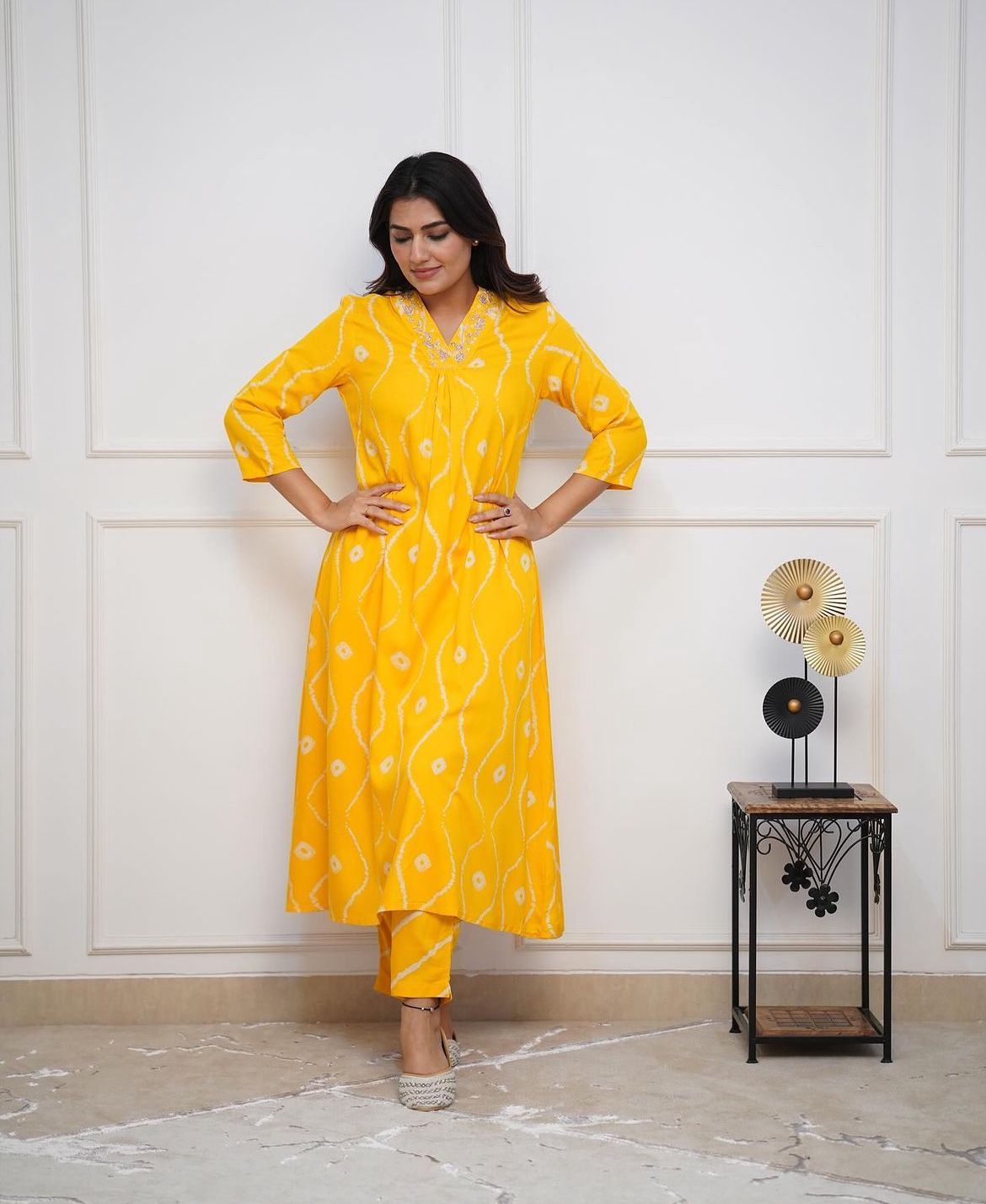 Yellow Heavy Rayon Co-ord set with Hand Adda work on yoke, 2pc