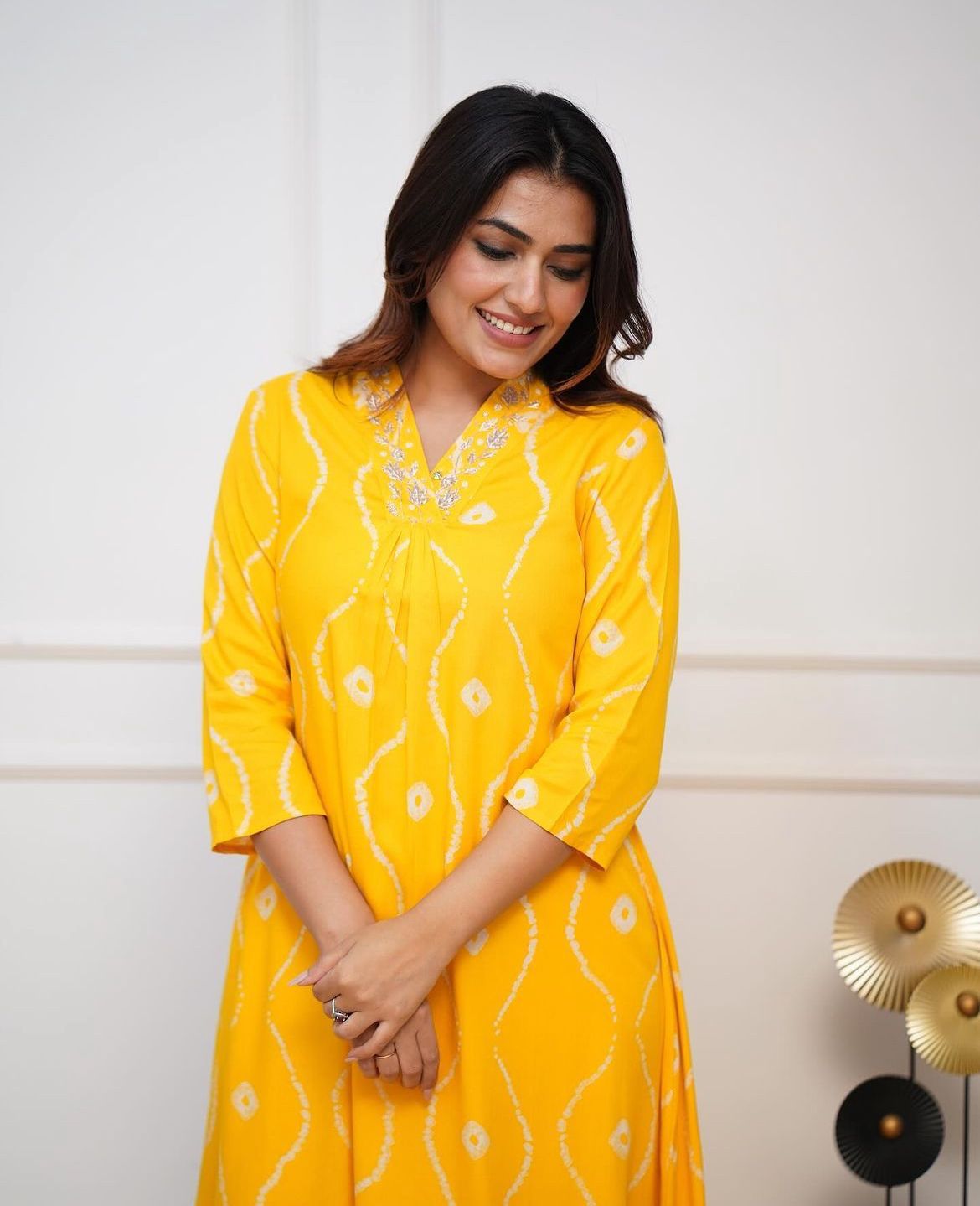 Yellow Heavy Rayon Co-ord set with Hand Adda work on yoke, 2pc