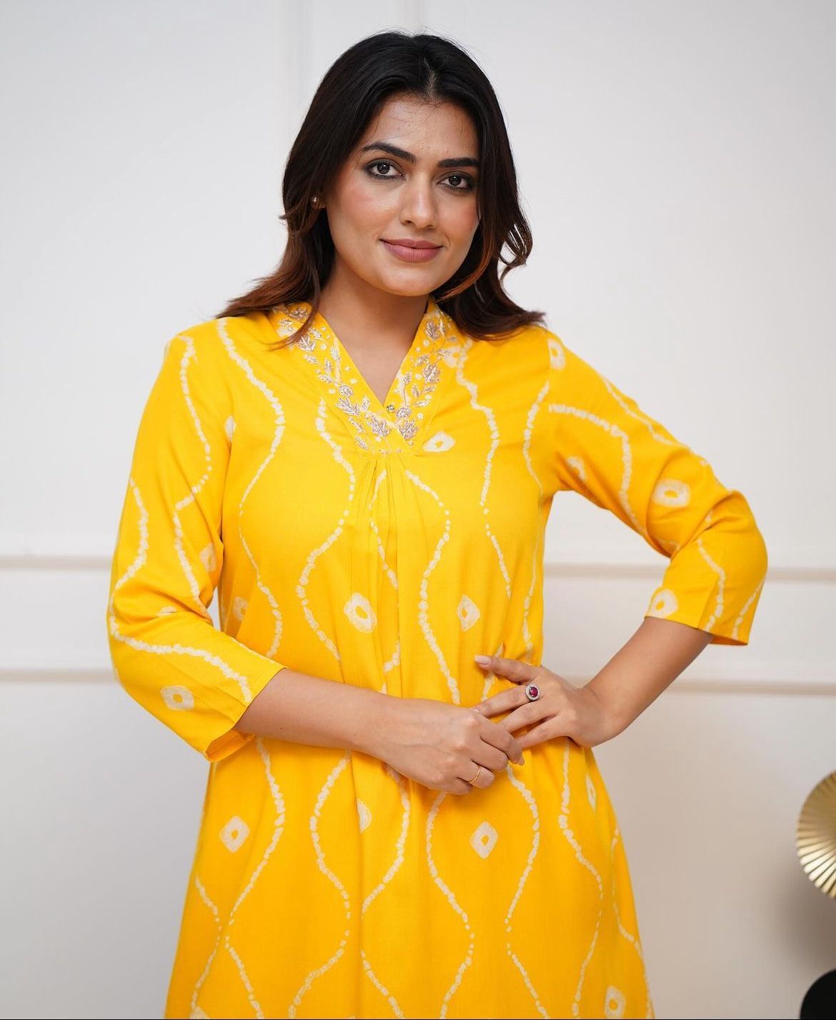 Yellow Heavy Rayon Co-ord set with Hand Adda work on yoke, 2pc