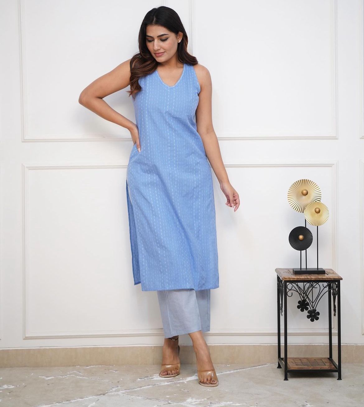 Blue Kaatha work Soft Cotton Handloom Long Co-ord set, 2pc