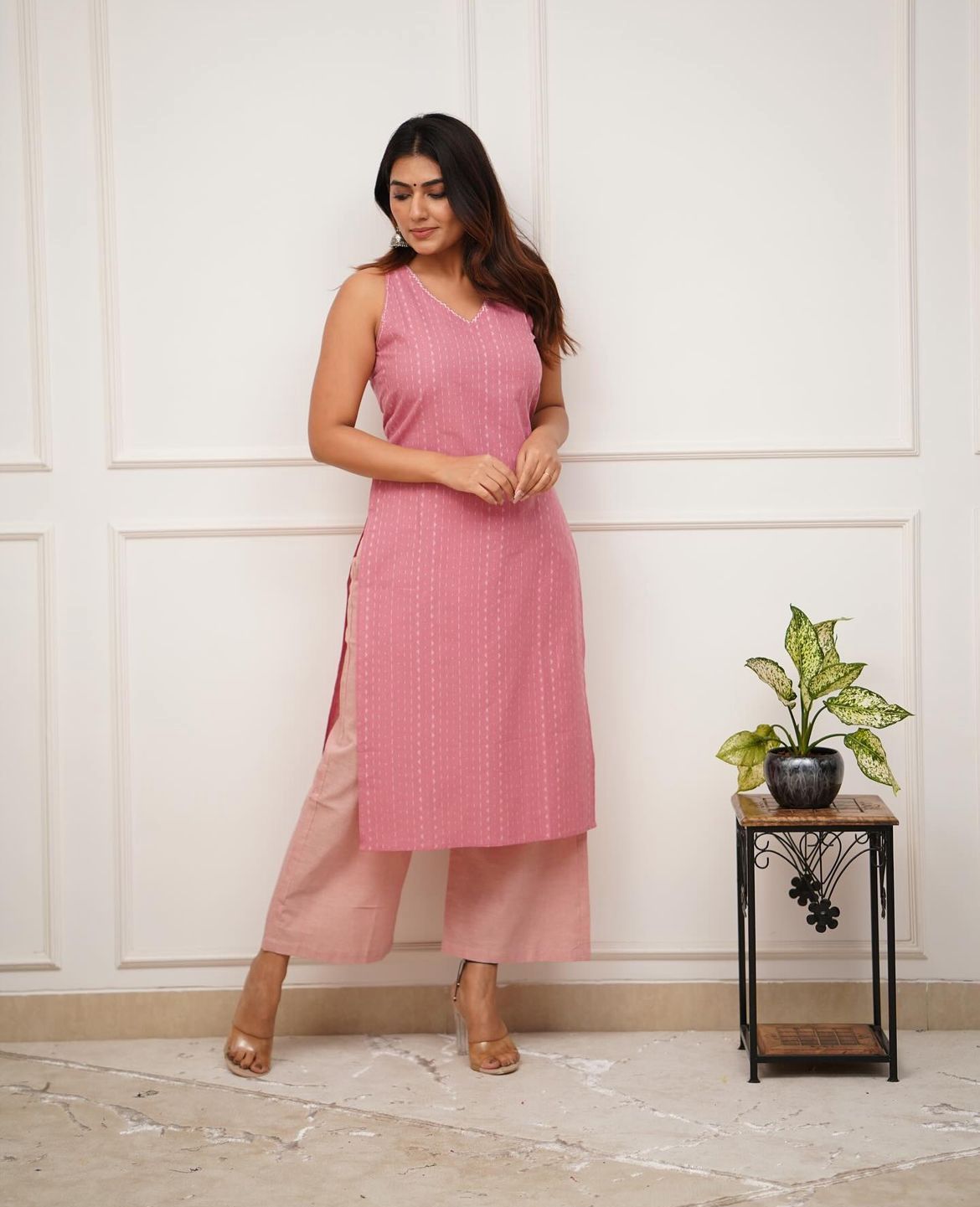 Pink Kaatha work Soft Cotton Handloom Long Co-ord set, 2pc