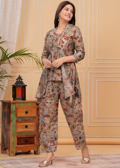 Grey Foil Printed Muslin Long Co-ord set, 2pc, TK139