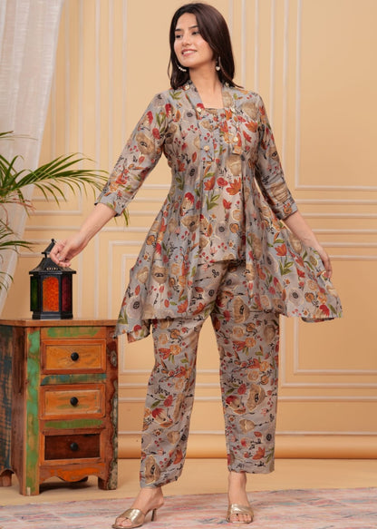 Grey Foil Printed Muslin Long Co-ord set, 2pc, TK139