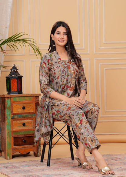 Grey Foil Printed Muslin Long Co-ord set, 2pc, TK139