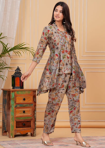 Grey Foil Printed Muslin Long Co-ord set, 2pc, TK139