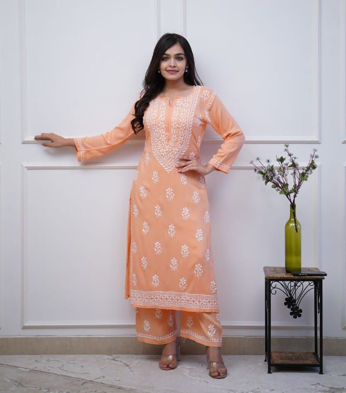 Peach Chikankari embroidery Cotton Co-ord set, 2pc