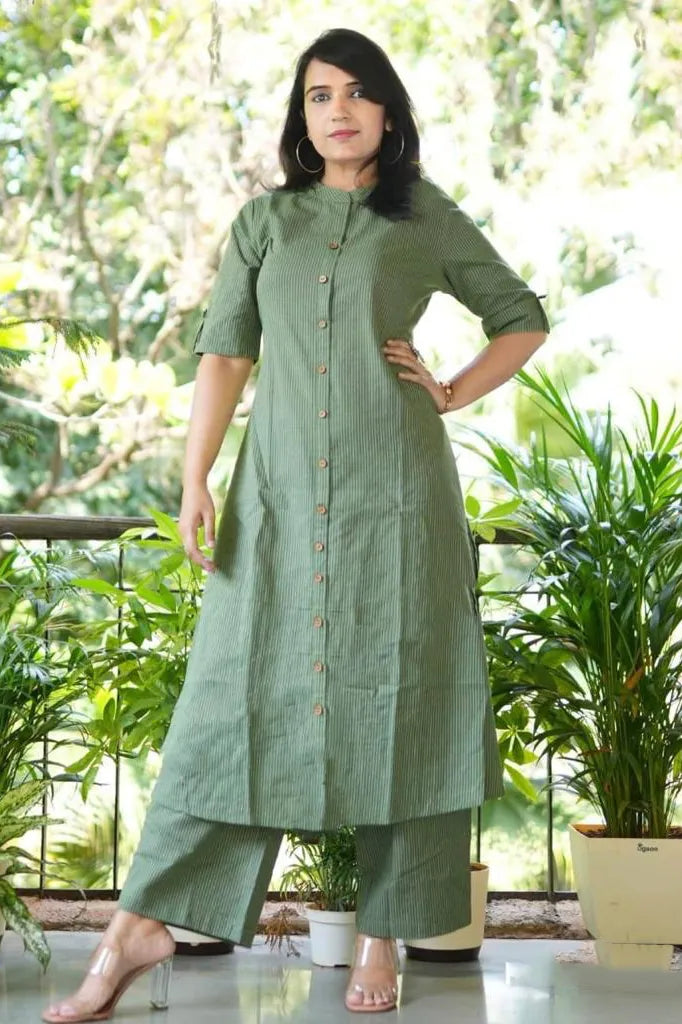 Green Kaatha work Cotton Long Co-ord set with Shirt collar, 2pc