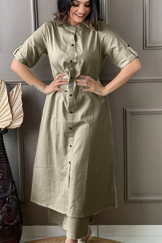 Grey Kaatha work Cotton Long Co-ord set with Shirt collar, 2pc