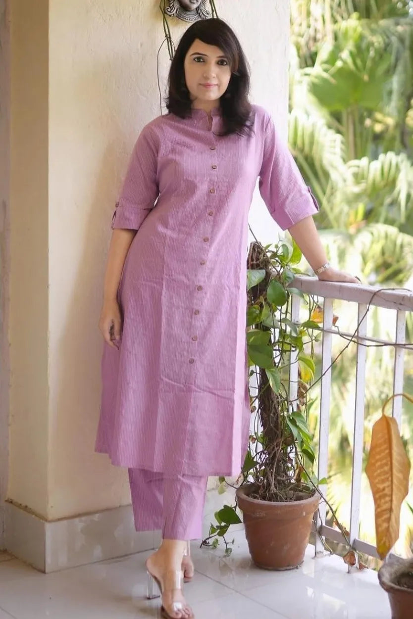 Light pink Kaatha work Cotton Long Co-ord set with Shirt collar, 2pc