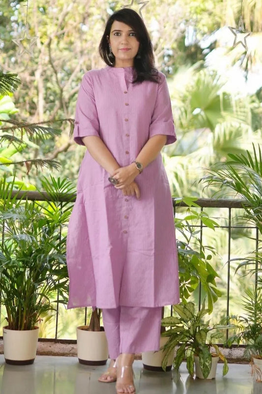 Light pink Kaatha work Cotton Long Co-ord set with Shirt collar, 2pc