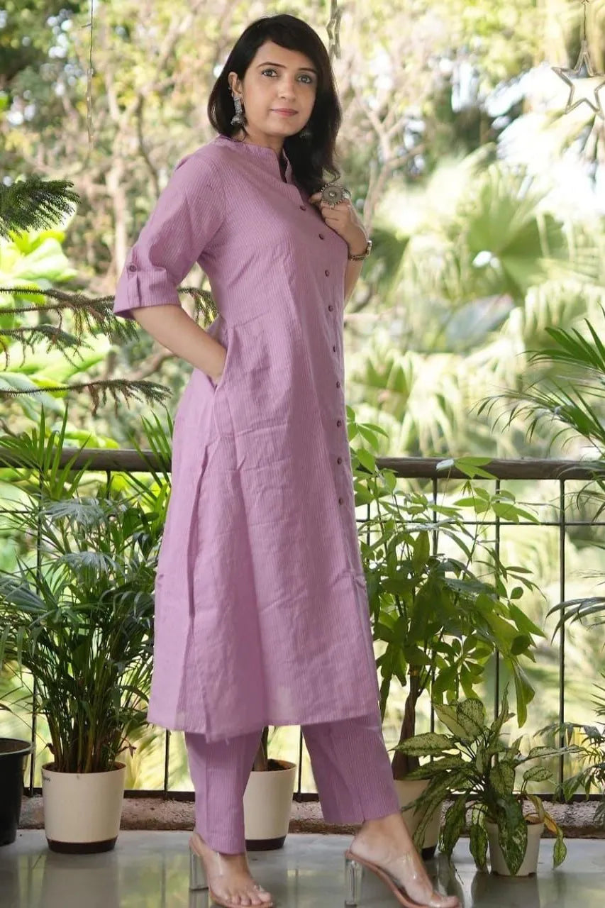 Light pink Kaatha work Cotton Long Co-ord set with Shirt collar, 2pc