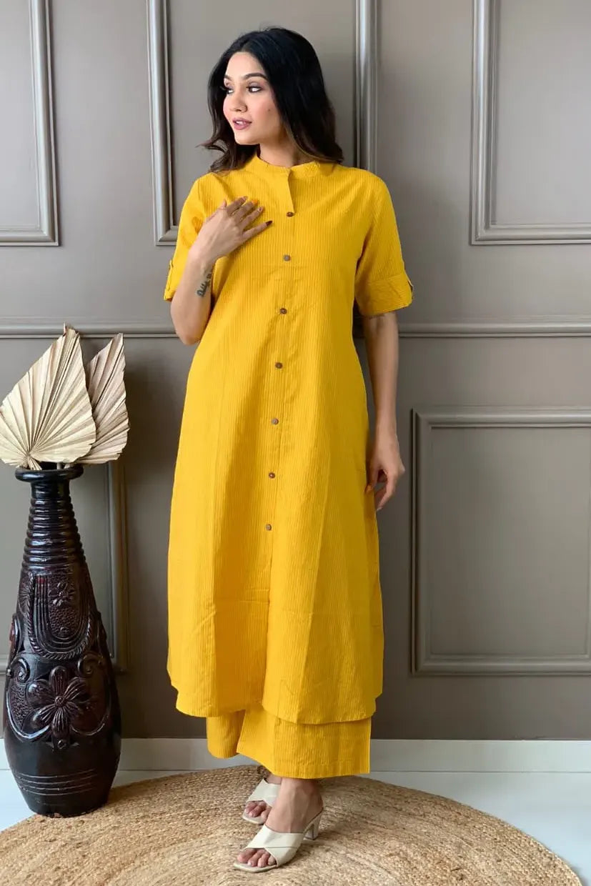 Yellow Kaatha work Cotton Long Co-ord set with Shirt collar, 2pc