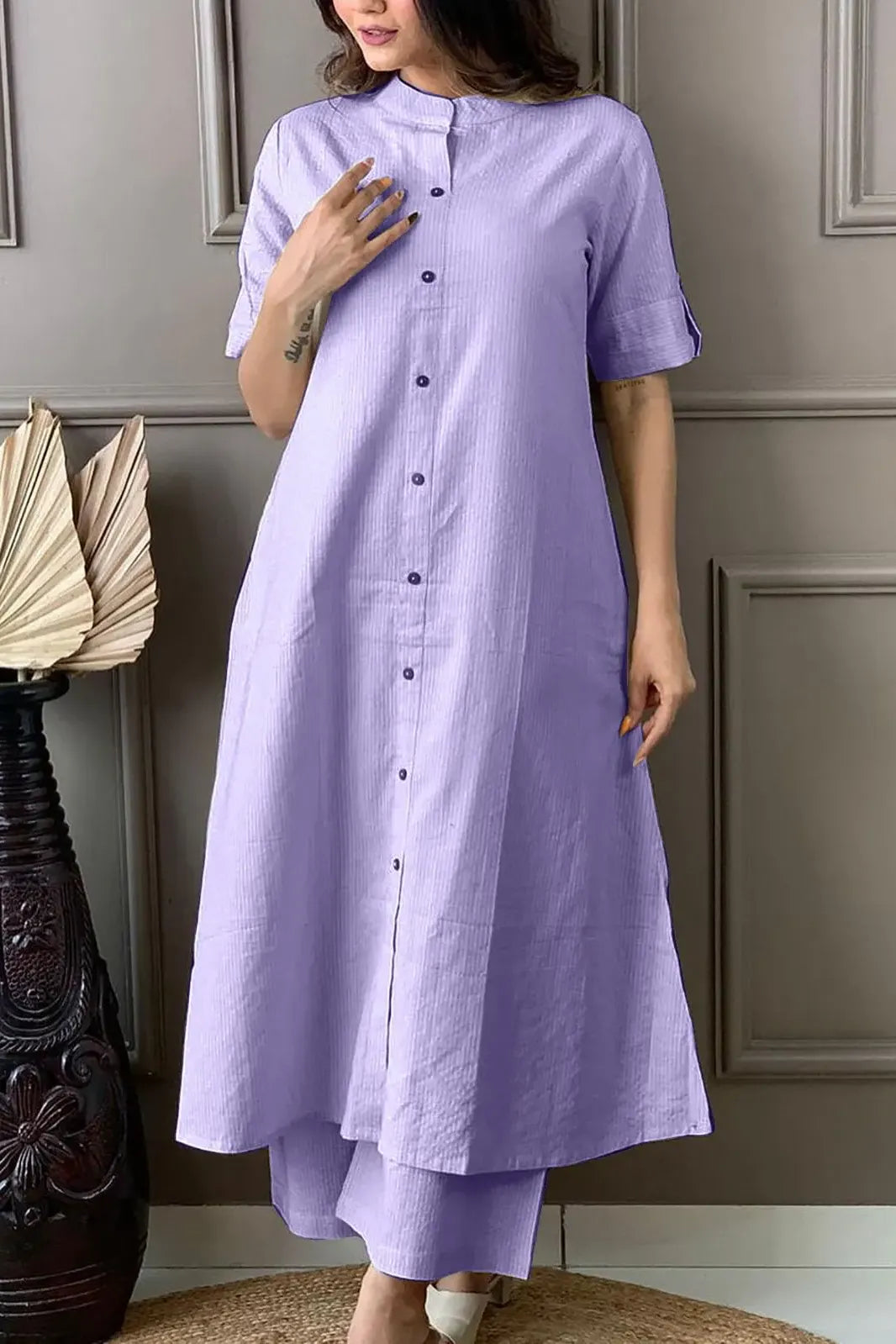 Lilac Kaatha work Cotton Long Co-ord set with Shirt collar, 2pc