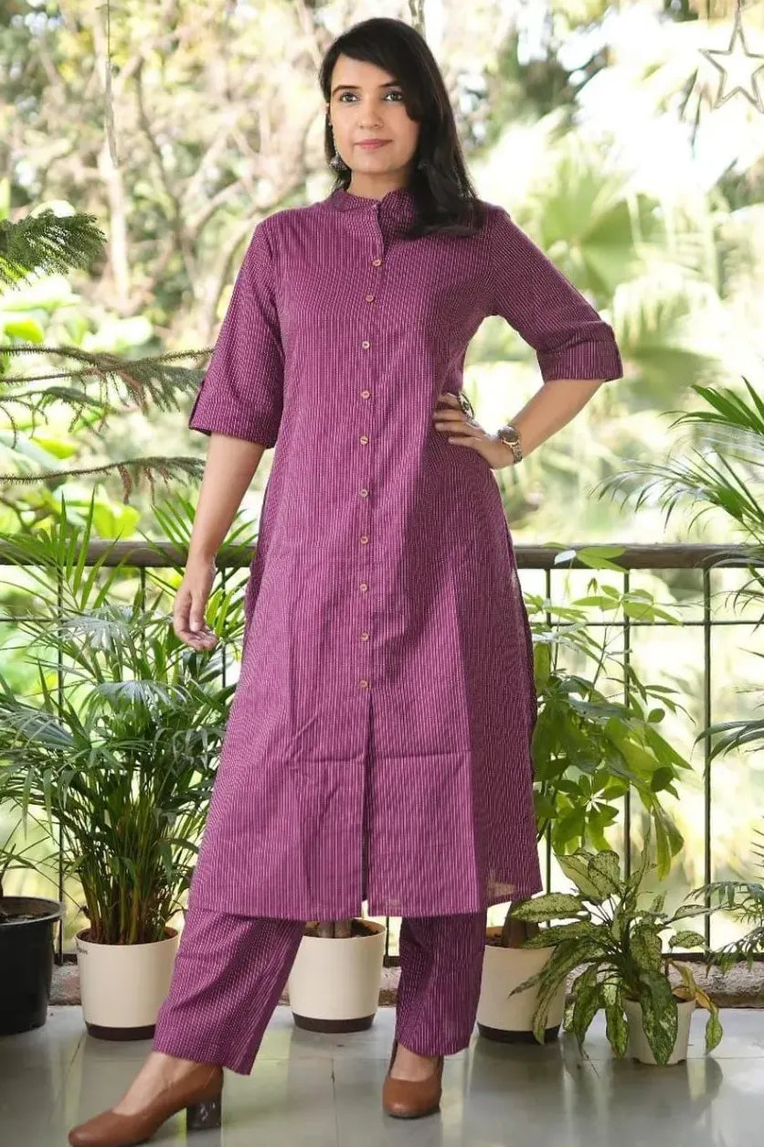 Wine Kaatha work Cotton Long Co-ord set with Shirt collar, 2pc