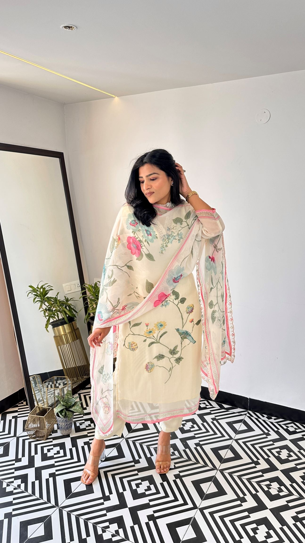 Cream Bird Floral Organza Suit set and printed dupatta, 3pc, TK212