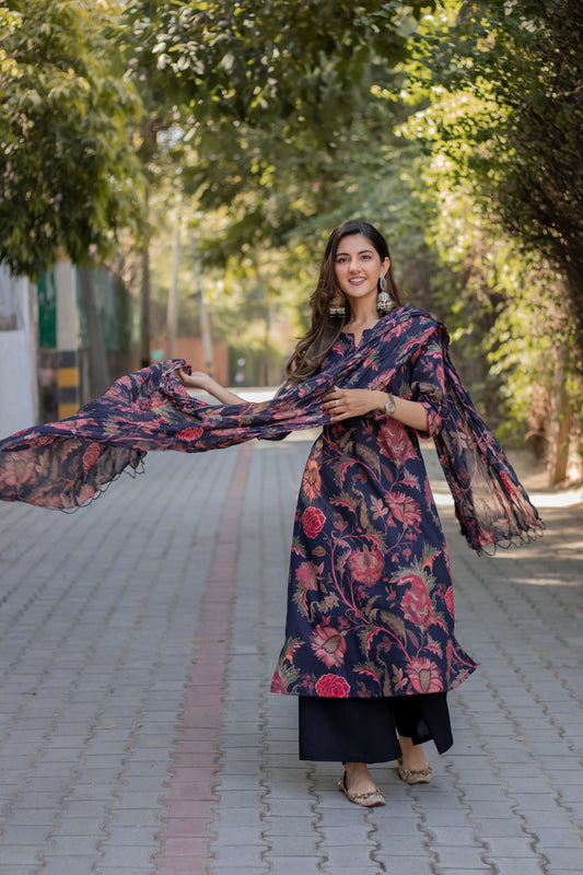 Black Viscose Flower printed suit set with dupatta, 3pc, TK166