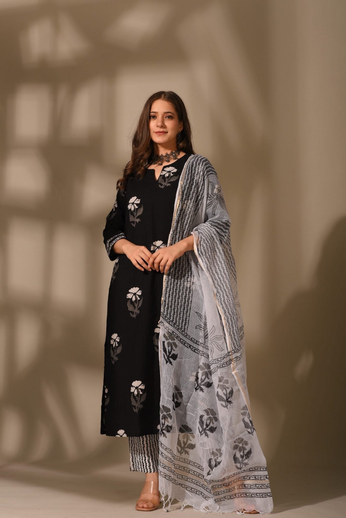 Elegant Black & white suit set with dupatta, 3pc