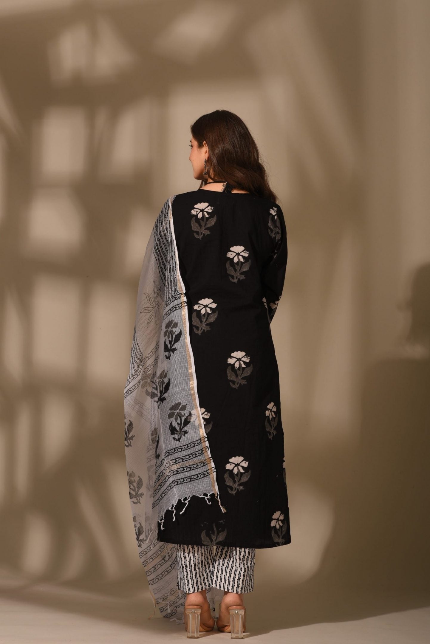 Elegant Black & white suit set with dupatta, 3pc