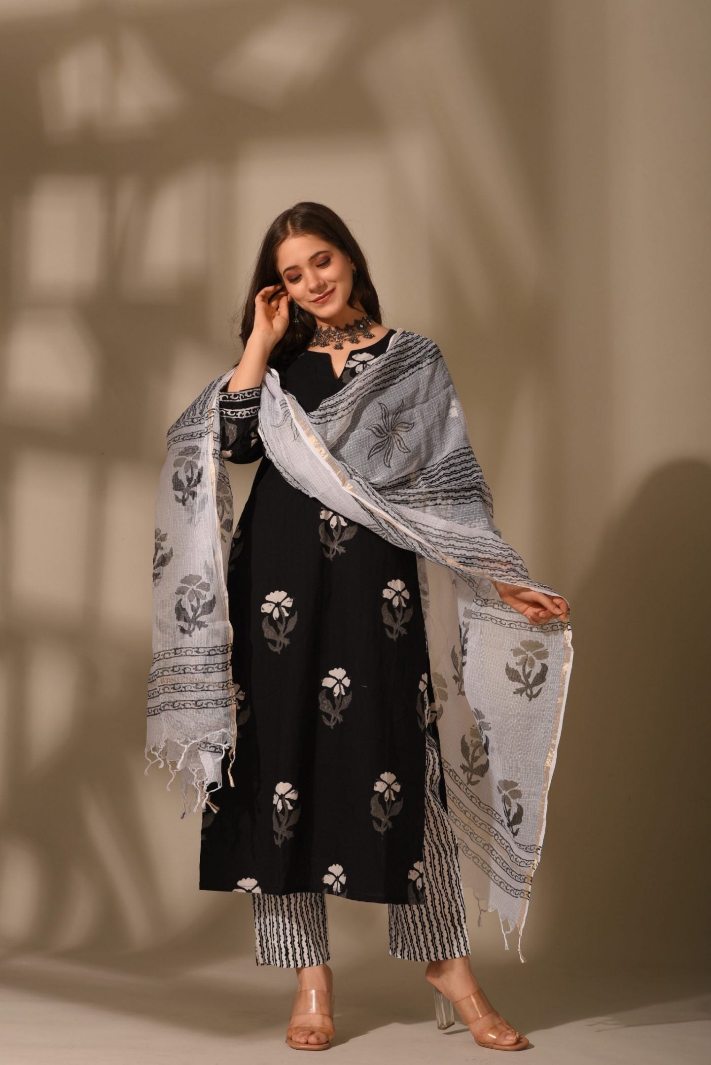 Elegant Black & white suit set with dupatta, 3pc