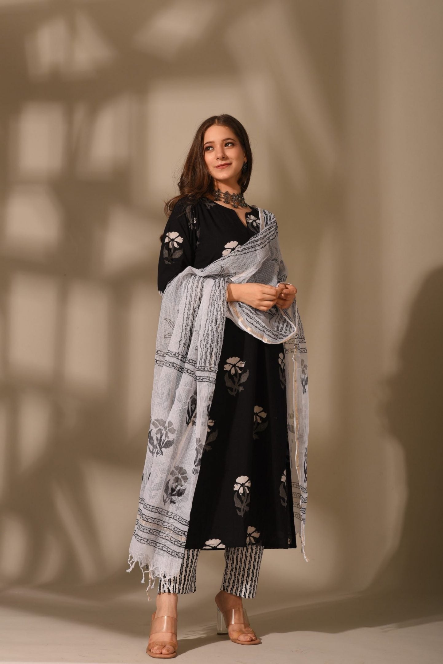 Elegant Black & white suit set with dupatta, 3pc