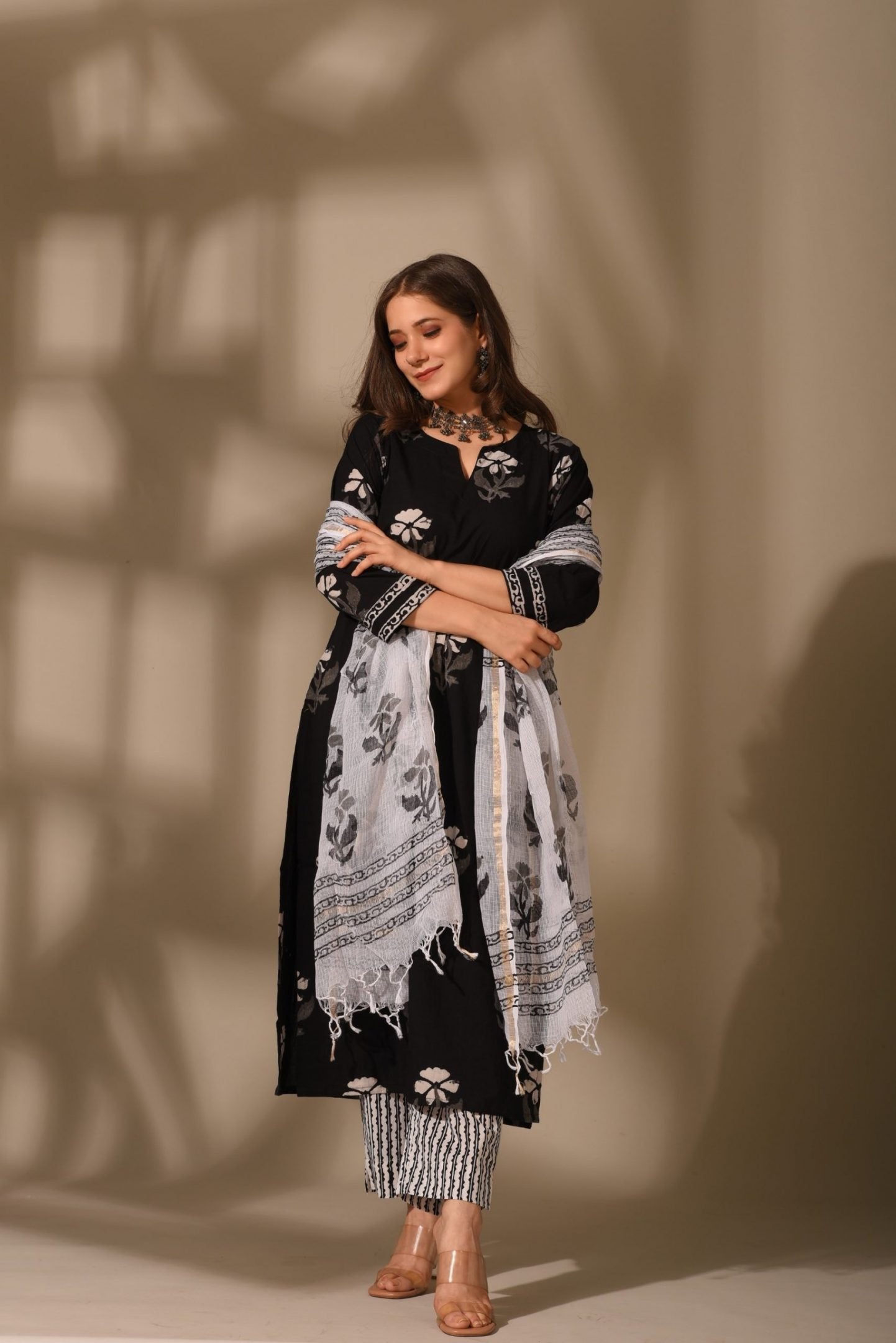 Elegant Black & white suit set with dupatta, 3pc