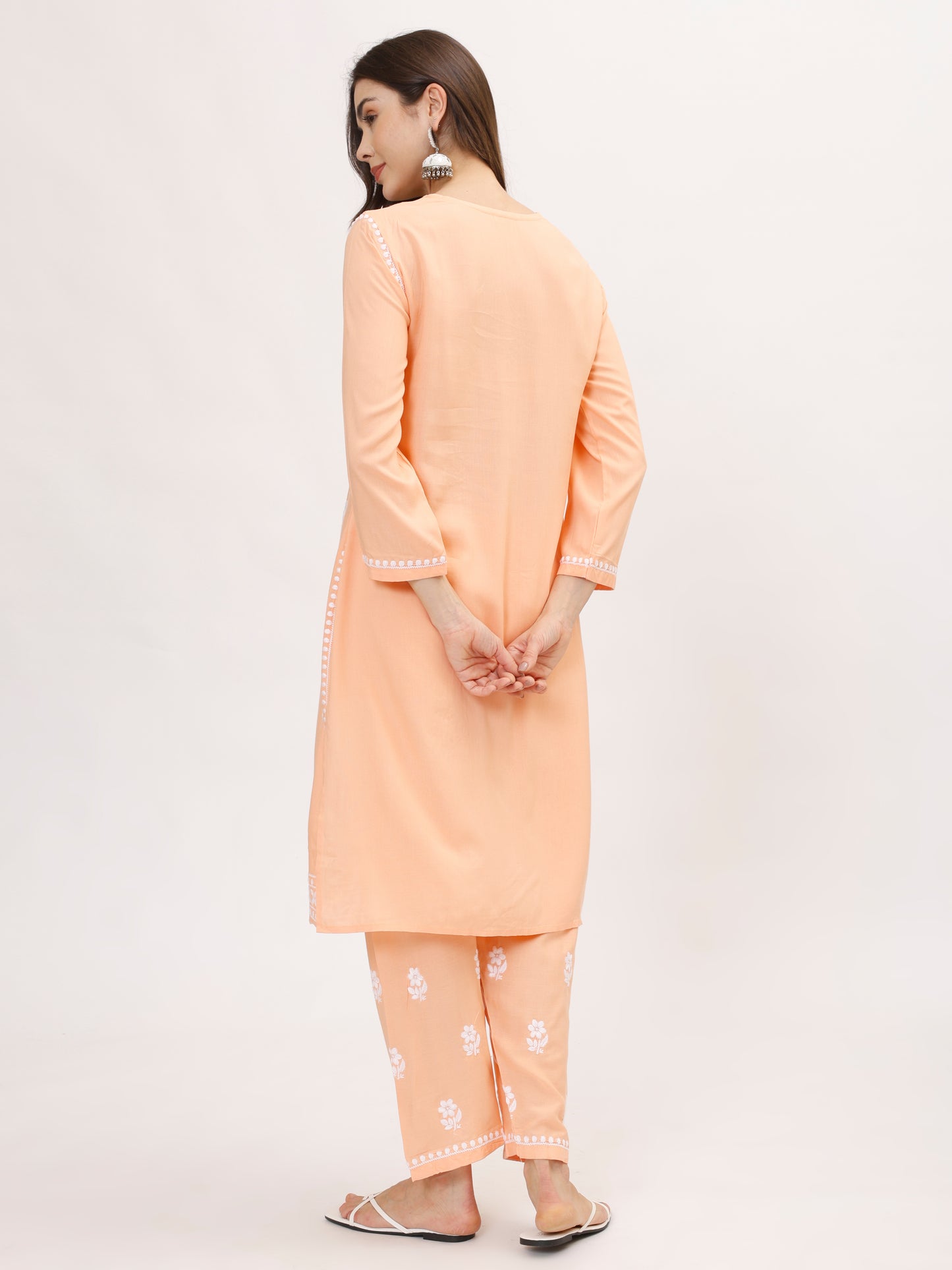 Peach Chikankari embroidery Cotton Co-ord set, 2pc