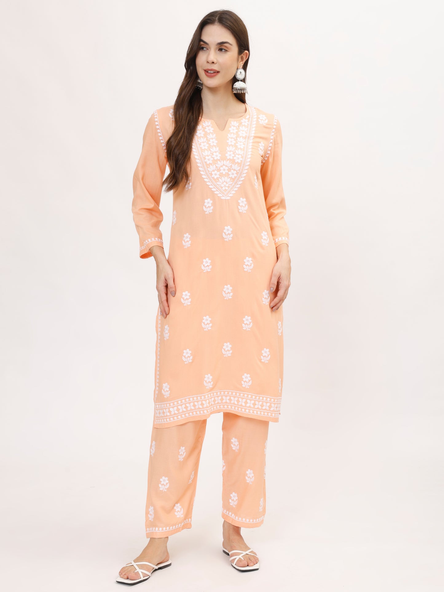 Peach Chikankari embroidery Cotton Co-ord set, 2pc