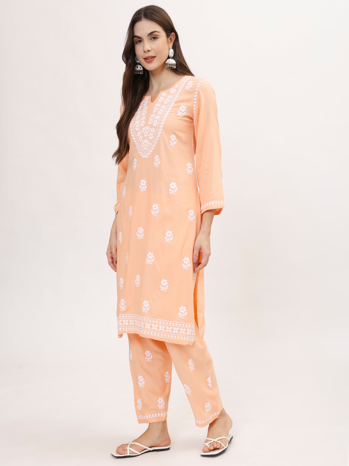 Peach Chikankari embroidery Cotton Co-ord set, 2pc