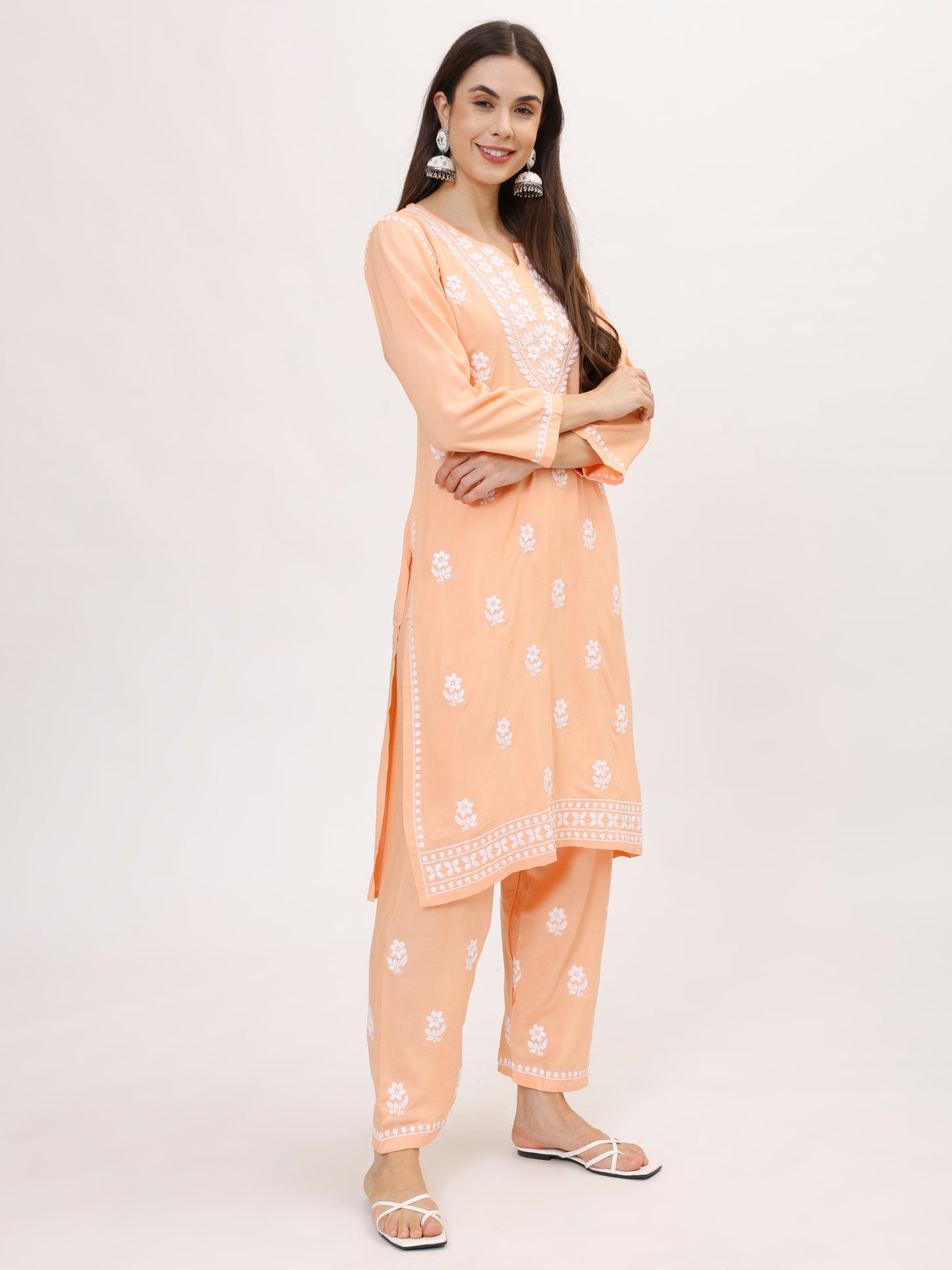 Peach Chikankari embroidery Cotton Co-ord set, 2pc