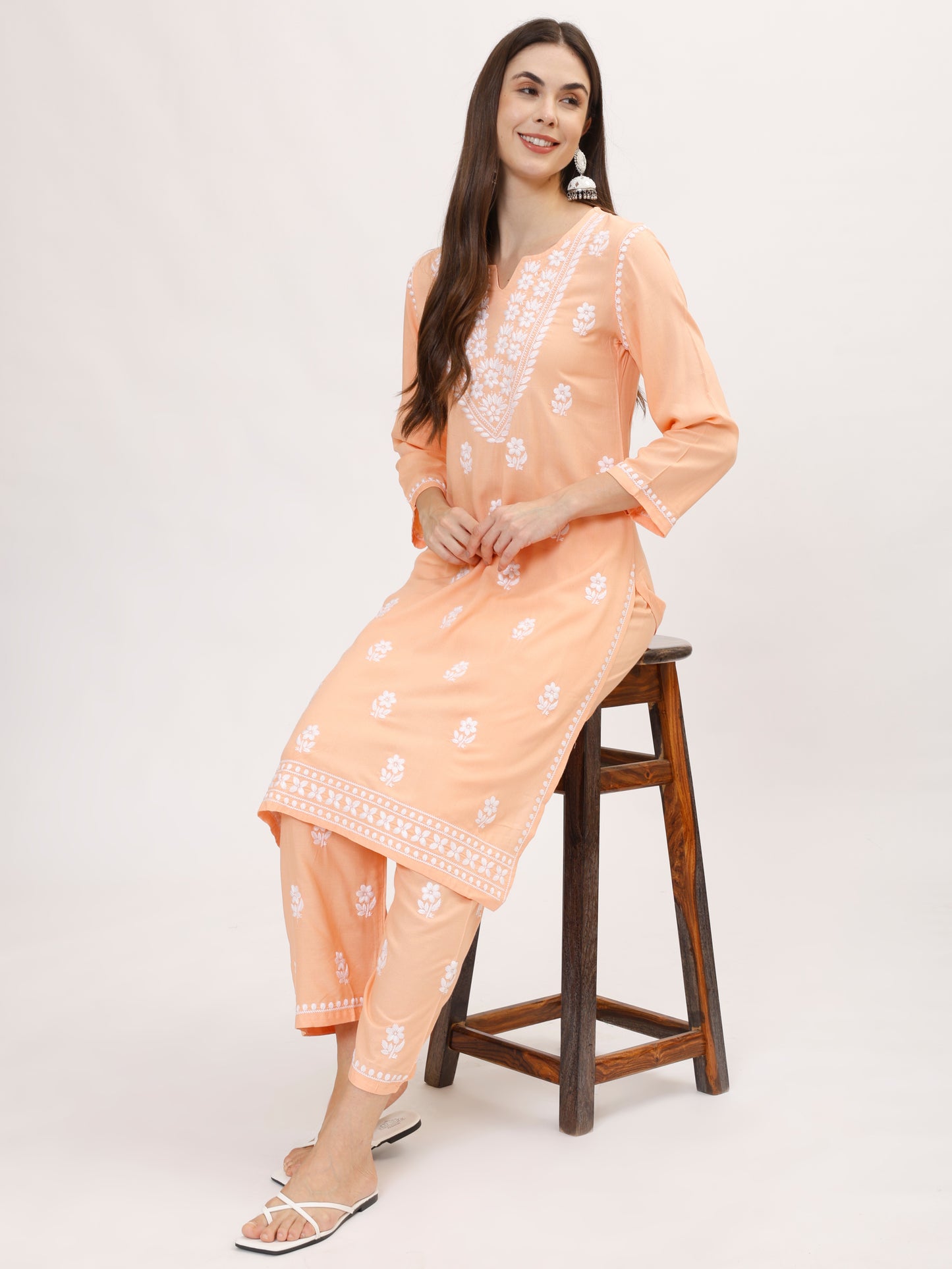 Peach Chikankari embroidery Cotton Co-ord set, 2pc