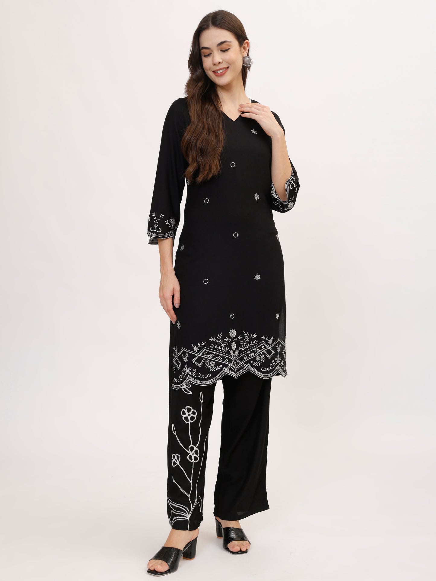 Stylish Black Embroidered Rayon Co-ord set , 2pc