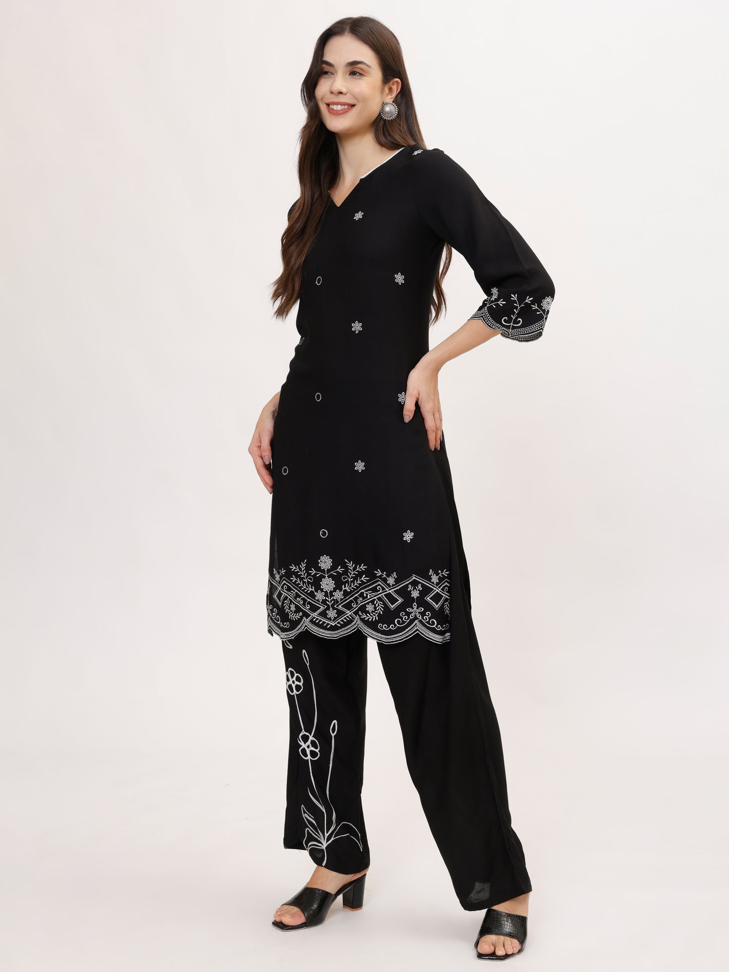 Stylish Black Embroidered Rayon Co-ord set , 2pc