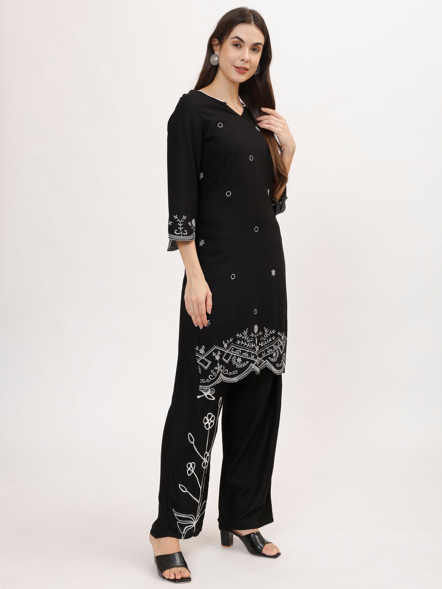 Stylish Black Embroidered Rayon Co-ord set , 2pc