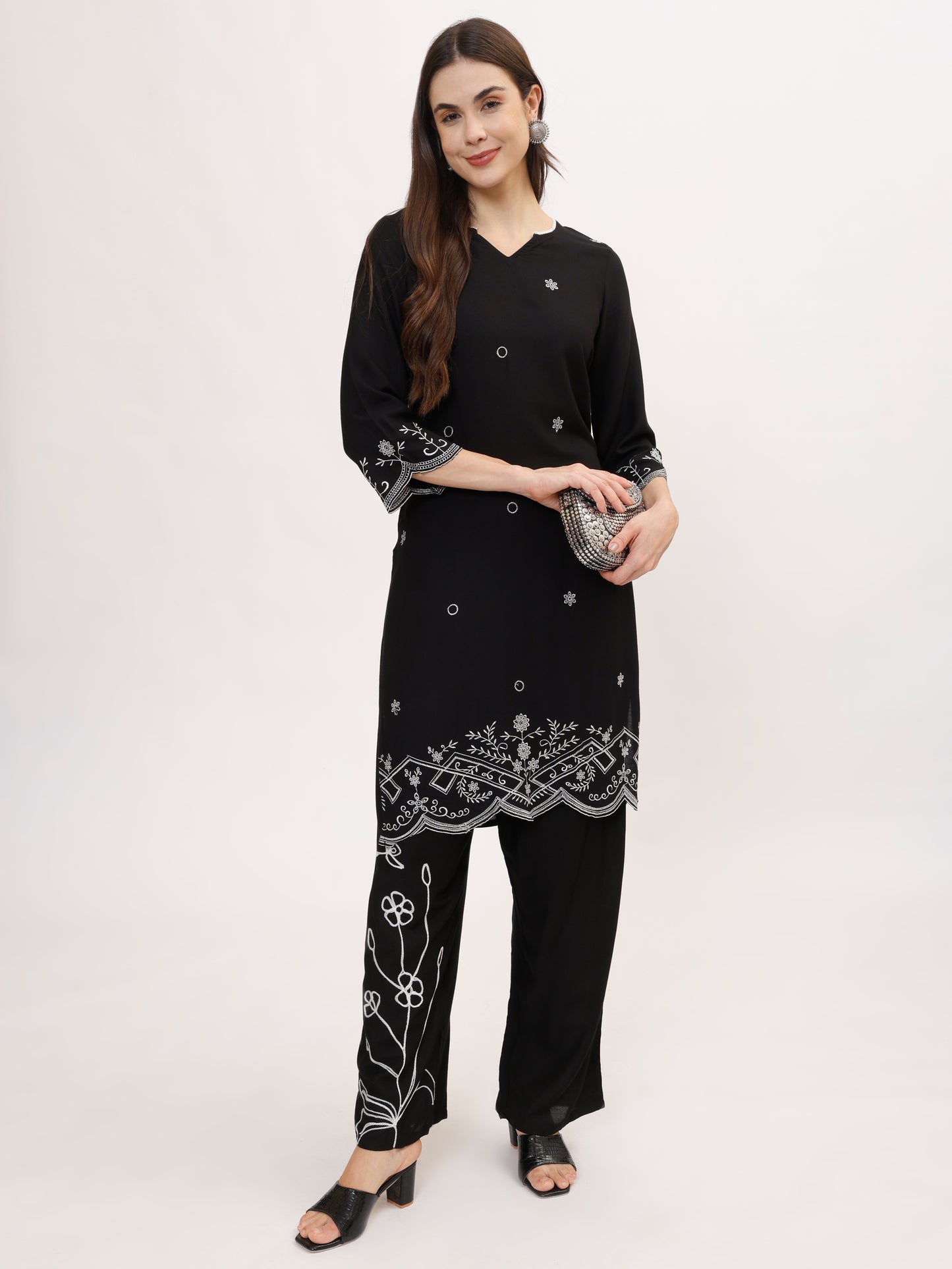 Stylish Black Embroidered Rayon Co-ord set , 2pc