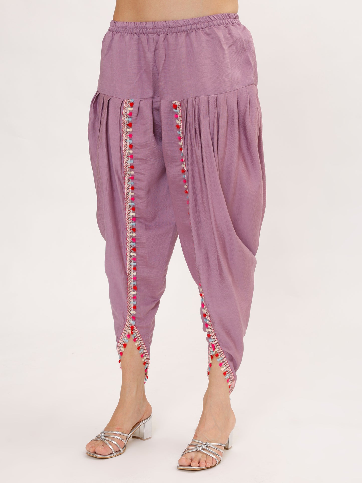 Coin&Tassle designer Royal silk fabric coord set with dhoti & potli - Lilac, TK115