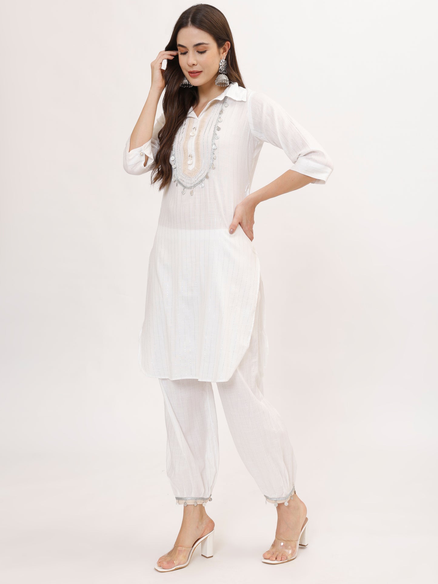 White Lurex Cotton Co-ord set with Coin Lace and Afghani Salwar, 2pc