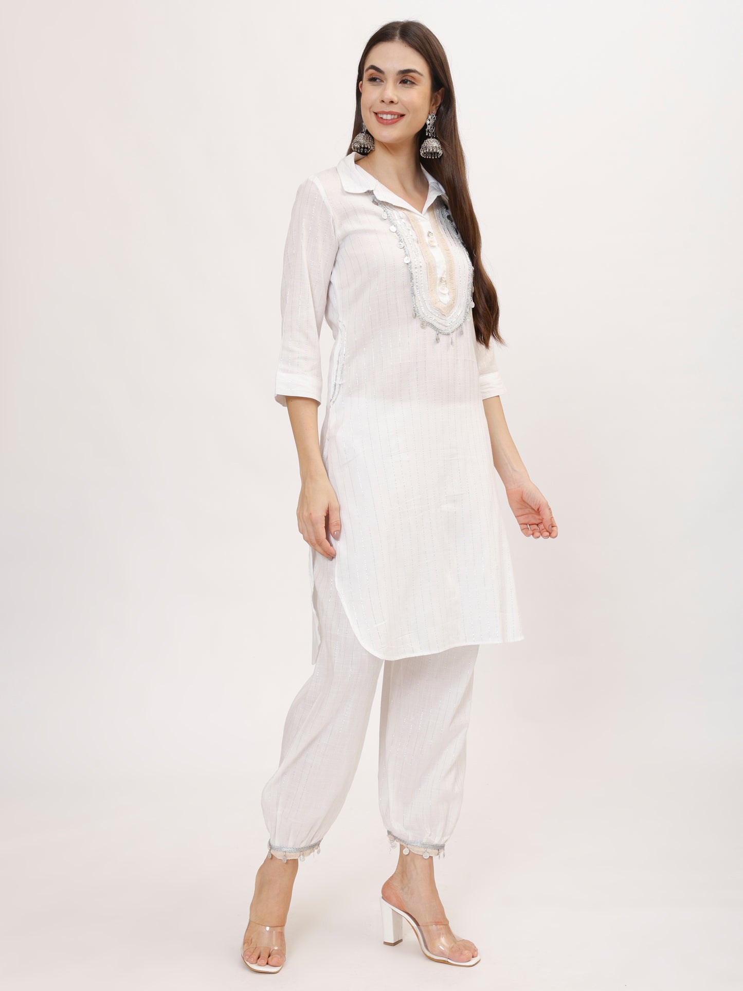 White Lurex Cotton Co-ord set with Coin Lace and Afghani Salwar, 2pc